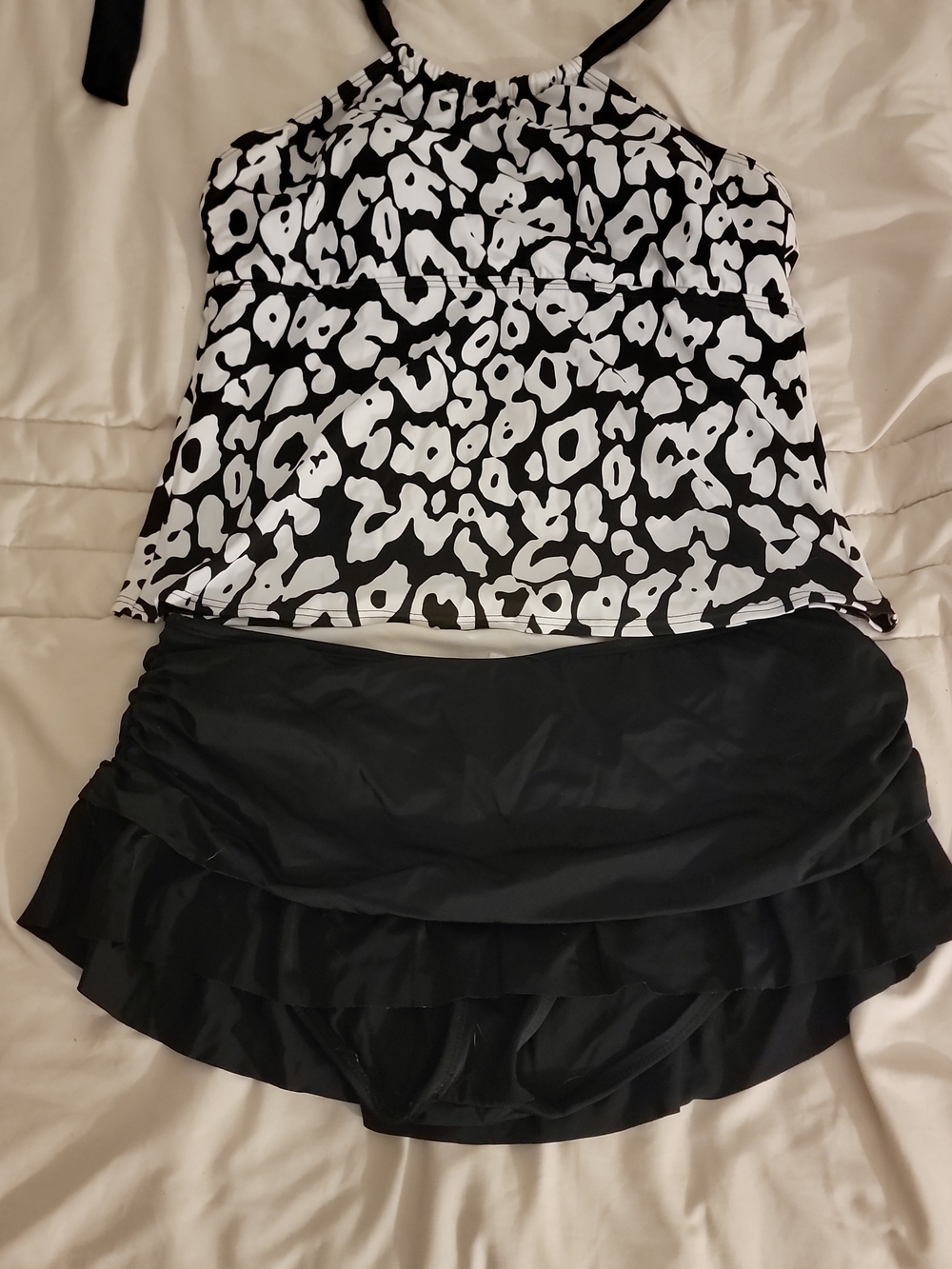 Black & White Halter Tankini Top with Black Ruffle Swim Skirt